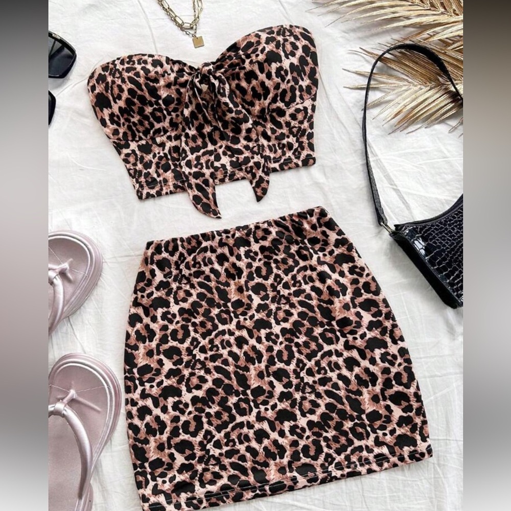 Cheetah Print! Brown and Tan Mini Pencil Skirt Set for Night Out